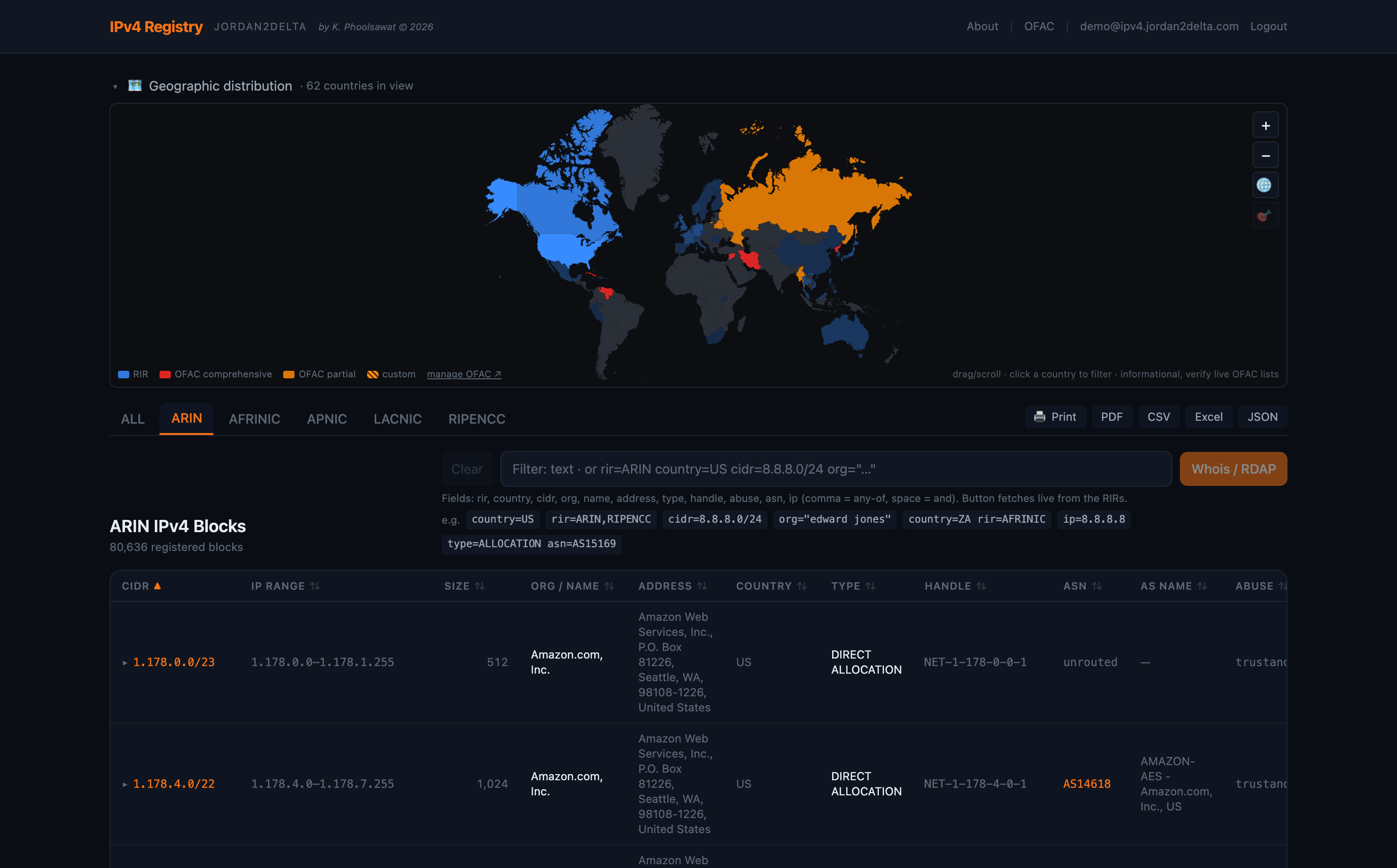 IPv4 Registry dashboard — world choropleth map above the unified, all-RIR block table